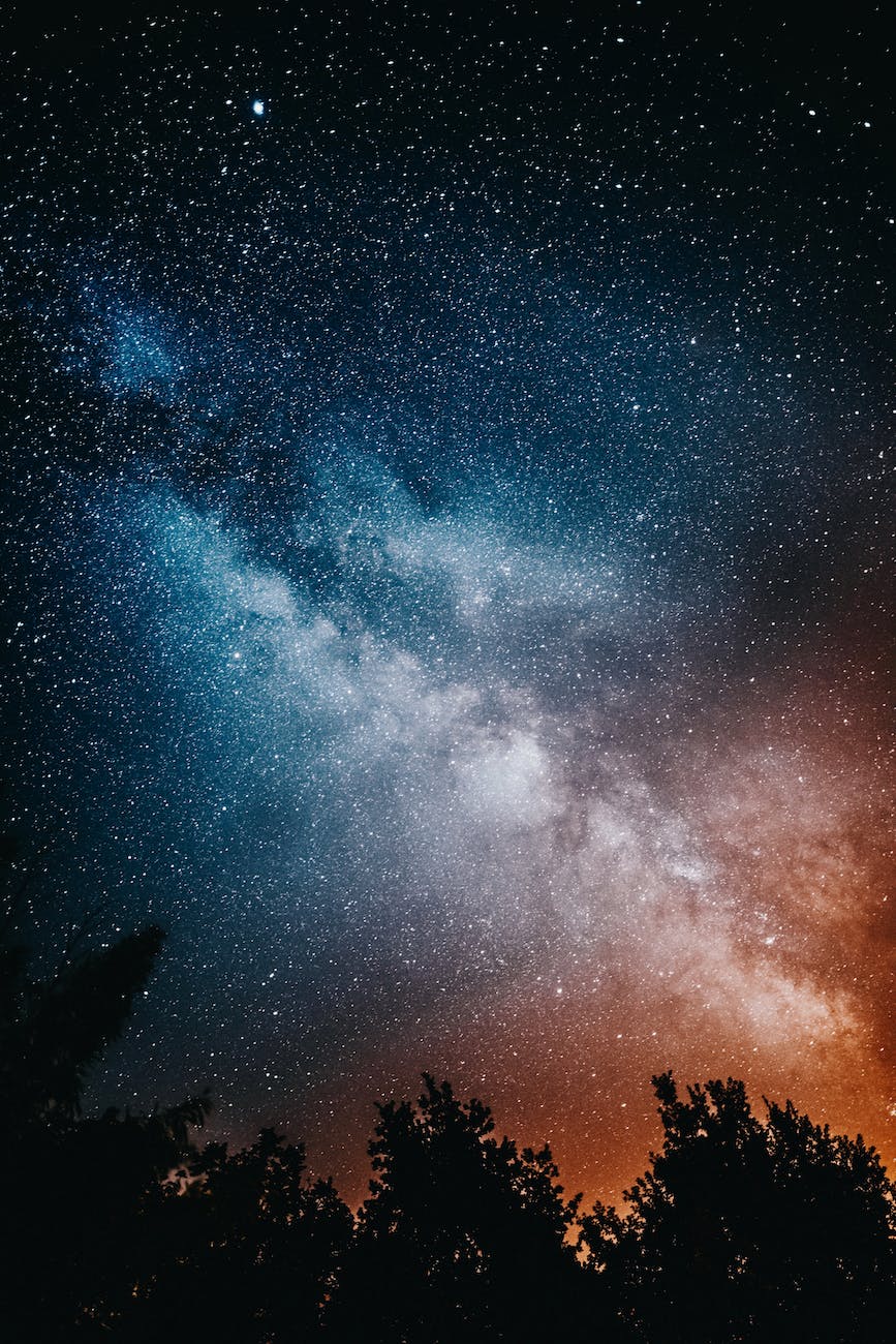 dramatic starry sky over trees peaks at night